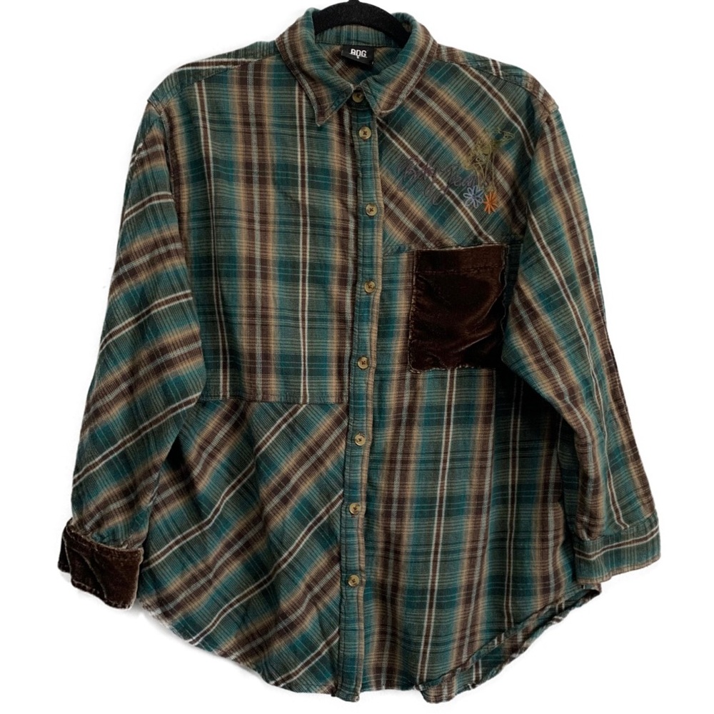 BDG Green and Brown Plaid Button Down Shirt